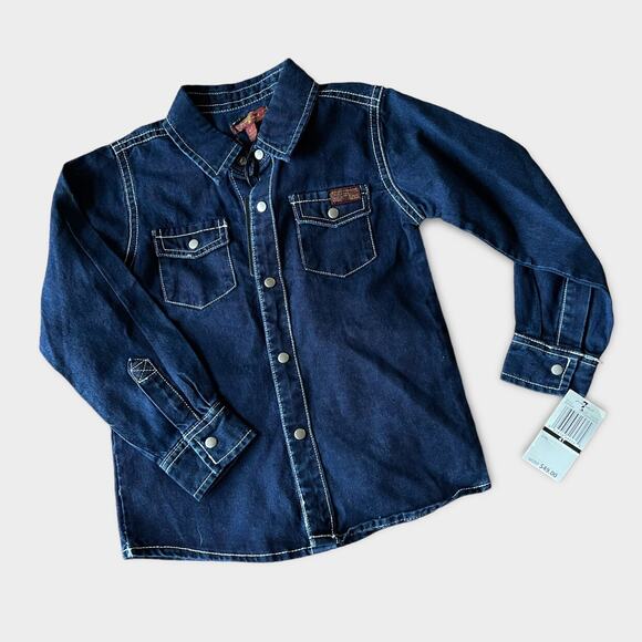 NWT 7 for All Mankind Boy Dark Blue Denim Snap Button Kids Shirt 4T Stylish - Picture 1 of 4